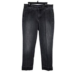 NYDJ Straight Leg Jeans Pants size 6 BLACK Denim Cuffed Mid Rise Preppy Classic